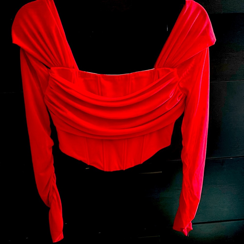 Red Draped Off-Shoulder Long Sleeve top. stretchy fabric, Corset-inspired bodice